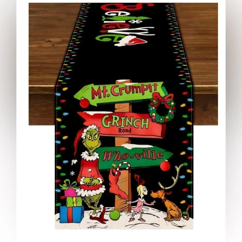 Grinch Christmas Table Runner Merry Christmas Winter Holiday Party Decorations